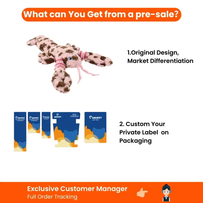 Pre-Sale Benefits for Lobster Dog Toy Pink lobster plush dog toy with private label packaging options and exclusive customer manager support for wholesale buyers.