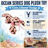 Ocean Series Lobster Plush Dog Toy Features Ocean series pink lobster plush dog toy with soft fabric, squeaker, crinkle paper, and themed collection display.