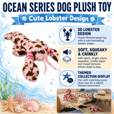 Ocean Series Lobster Plush Dog Toy Features Ocean series pink lobster plush dog toy with soft fabric, squeaker, crinkle paper, and themed collection display.