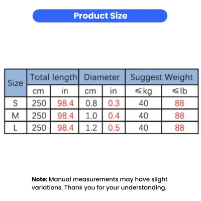 Dog Leash Size Chart with Length, Diameter and Weight Guide Dog leash size chart showing 250 cm length, S M L diameter options and recommended pet weight up to 40 kg or 88 lb.