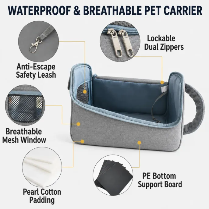 Waterproof and breathable pet carrier with anti-escape safety leash, mesh window, lockable dual zippers and PE bottom support board.