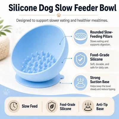 Blue silicone dog slow feeder bowl with anti-tip suction base and rounded feeding pillars