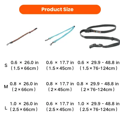 Size guide for LED leash, dual-dog coupler, and adjustable magnetic base leash for dogs