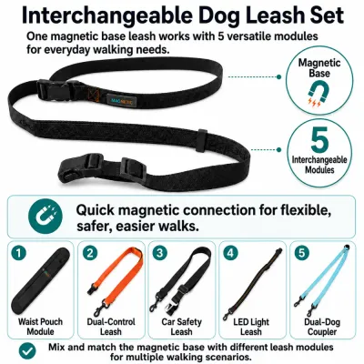 Interchangeable dog leash set with magnetic base leash and five walking modules for daily dog walks