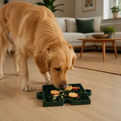 Golden retriever eating from a green puzzle slow feeder bowl on a living room floor.