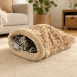 Cat resting inside a beige plush cat sleeping bag on a living room rug
