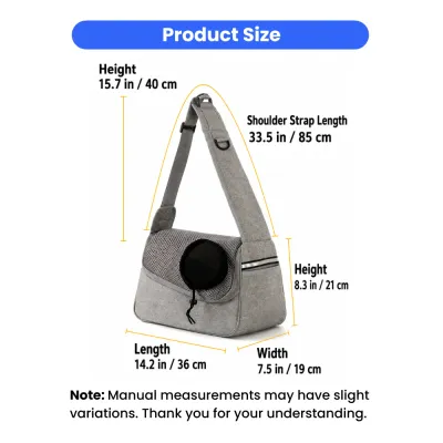 Cat carrier bag size chart with 14.2 inch length and adjustable shoulder strap