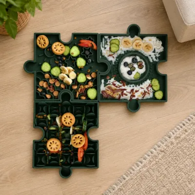 Puzzle Slow Feeder Bowl Set for Dog Enrichment Three green puzzle slow feeder bowls connected on a living room floor with fresh food and dog treats.