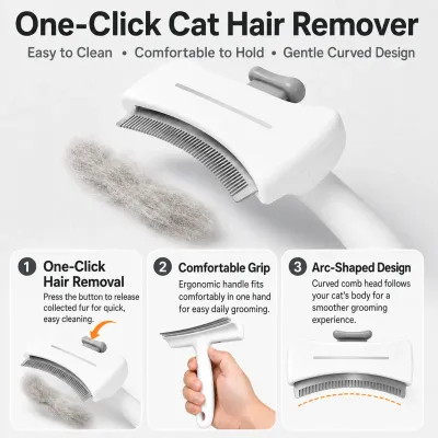 One-click cat hair remover with curved comb head, easy-clean button, and ergonomic handle