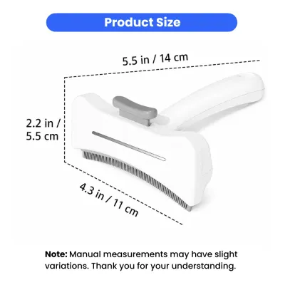 Pet hair remover brush size guide showing 5.5 in length, 4.3 in comb width, and 2.2 in height.