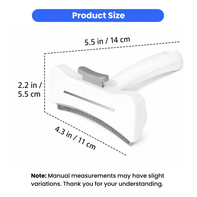 Pet hair remover brush size guide showing 5.5 in length, 4.3 in comb width, and 2.2 in height.