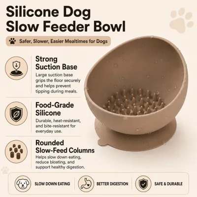 Brown silicone dog slow feeder bowl with rounded slow-feed columns and strong suction base