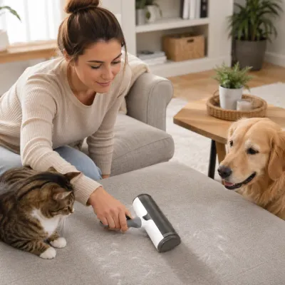 Woman using a reusable pet hair remover roller on a sofa with a cat and golden retriever nearby.