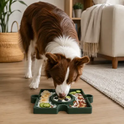 Dog eating from a green puzzle enrichment bowl on a living room floor