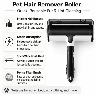 Pet hair remover roller with static adsorption, dense fiber brush, and wide head for sofas, bedding, and clothing.