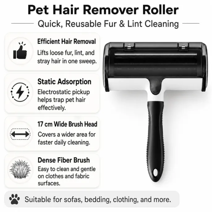 Pet hair remover roller with static adsorption, dense fiber brush, and wide head for sofas, bedding, and clothing.