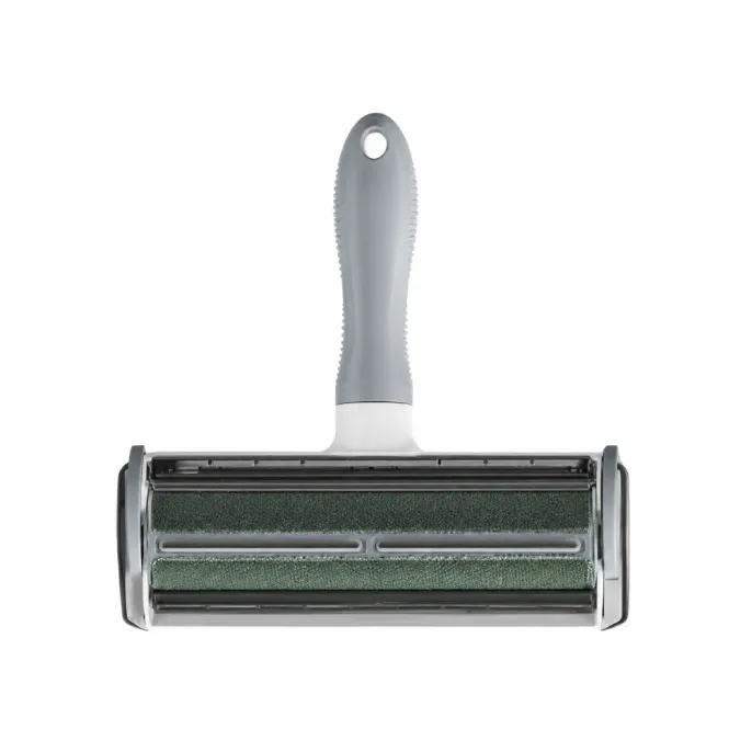 Grey reusable pet hair remover roller with dense fiber brush surface for pet hair and lint removal.