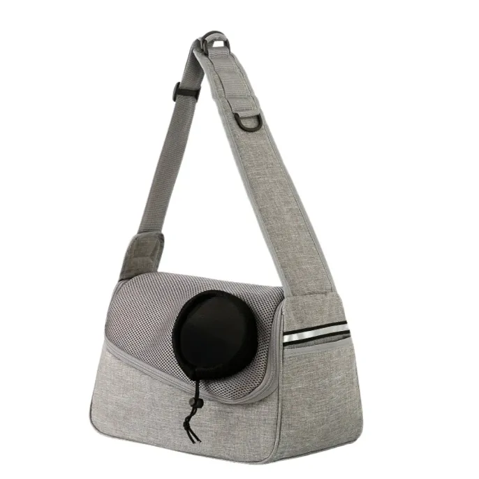 Grey cat carrier shoulder bag with breathable mesh and front pet window