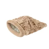 Beige plush cat sleeping bag with soft round opening on a clean white background