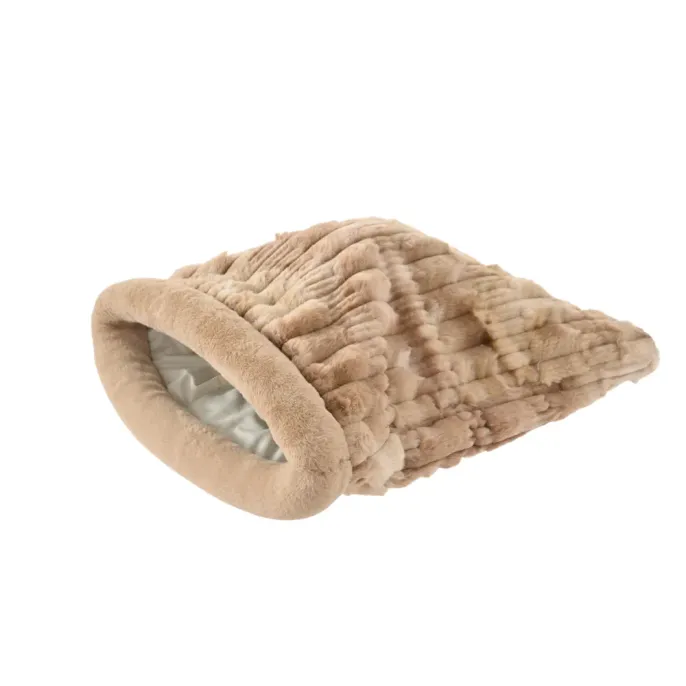 Beige plush cat sleeping bag with soft round opening on a clean white background
