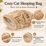 Cozy cat sleeping bag with soft plush fabric, splash-resistant surface, and warm hideaway design