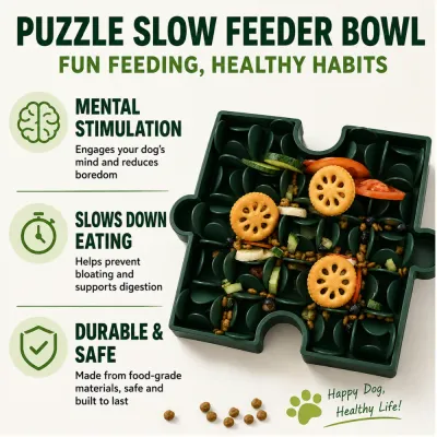 Green puzzle slow feeder bowl with treats, showing mental stimulation, slower eating, and safe food-grade design for dogs.