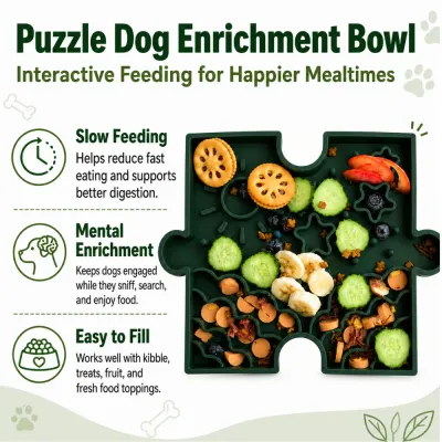 Puzzle Dog Enrichment Bowl for Slow Feeding Puzzle dog enrichment bowl with slow feeding, mental enrichment, and easy-fill food sections for dogs.