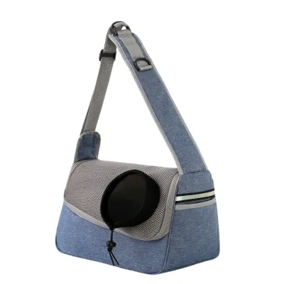 Blue breathable cat carrier shoulder bag with mesh window and adjustable strap