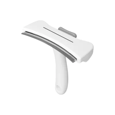 White one-click deshedding comb with curved metal teeth and easy-grip handle on white background.