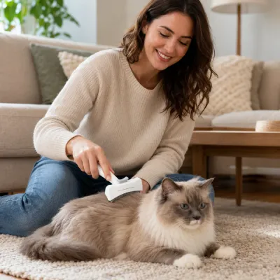 Pet owner grooming a long-haired cat at home with a white one-click pet hair remover brush.
