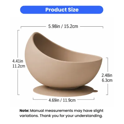 Silicone slow feeder dog bowl with suction base showing size measurements in inches and centimeters
