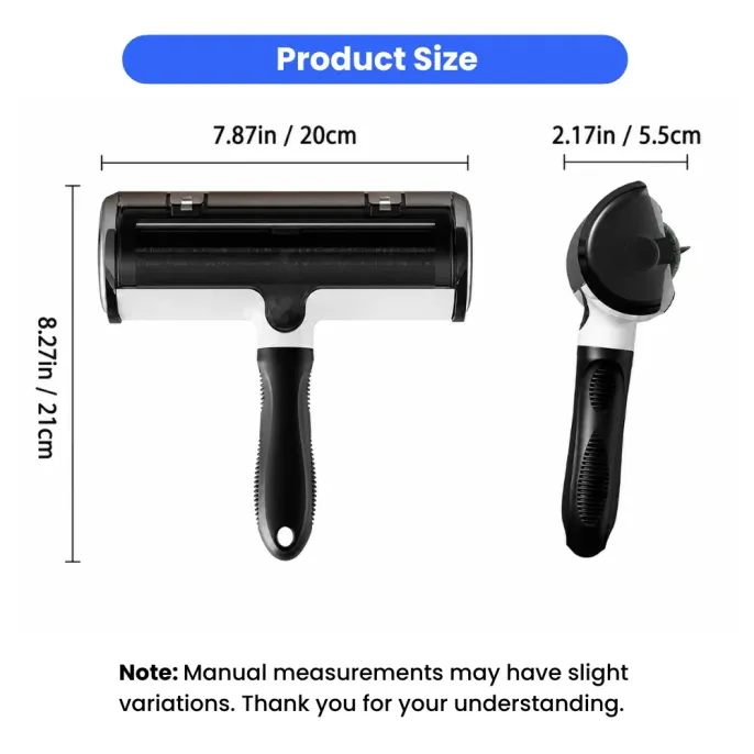 Size guide for a reusable pet hair remover roller with a 7.87 inch wide head and ergonomic handle.