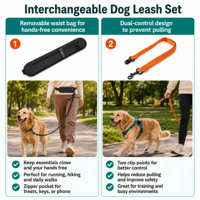 Dog leash set with removable waist bag and dual-control leash for hands-free walking and better control
