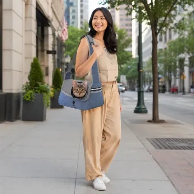 Woman carrying a cat in a blue shoulder pet carrier bag outdoors