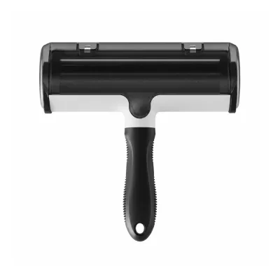 Black reusable pet hair remover roller with wide brush head and ergonomic handle on a white background.