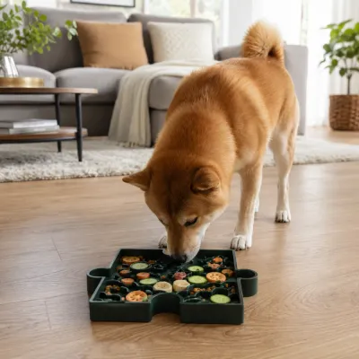 Dog Using Puzzle Enrichment Bowl at Home Shiba Inu dog using a green puzzle enrichment bowl with treats and fresh food on a living room floor.