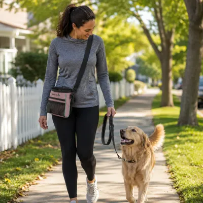 Dog Walking Treat Bag for Daily Training Woman walking a golden retriever while wearing a pink dog treat pouch with adjustable shoulder strap