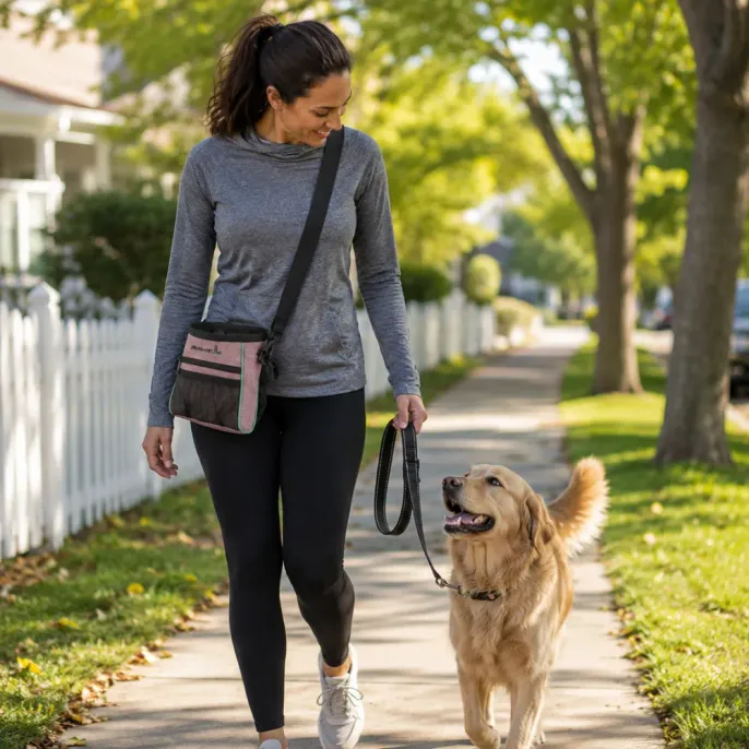 Woman walking a golden retriever while wearing a pink dog treat pouch with adjustable shoulder strap