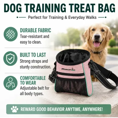 Durable Dog Training Treat Bag for Walks Durable dog training treat bag with tear-resistant fabric, strong straps, adjustable belt, and golden retriever background