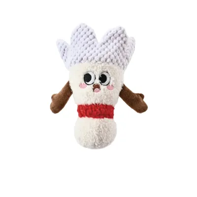 Shuttlecock Plush Dog Toy Product Front View White and lavender shuttlecock plush dog toy with embroidered face and soft fabric on a clean white background.