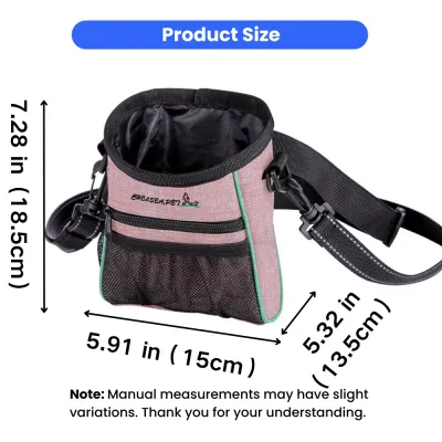 Dog Training Treat Bag Size Guide Dog training treat bag size guide showing 7.28 inch height, 5.91 inch width, and 5.32 inch depth