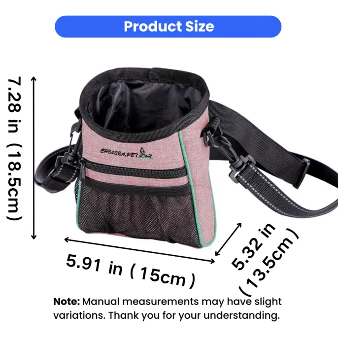 Dog training treat bag size guide showing 7.28 inch height, 5.91 inch width, and 5.32 inch depth