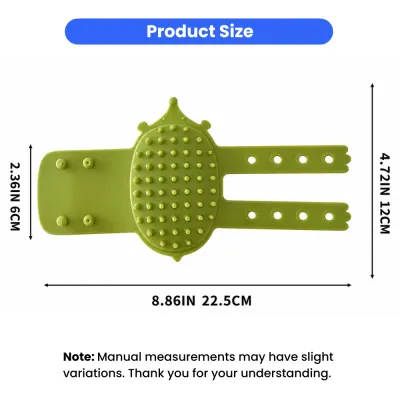 Green silicone cat self grooming brush with size measurements 8.86 inch by 4.72 inch and 22.5 cm by 12 cm