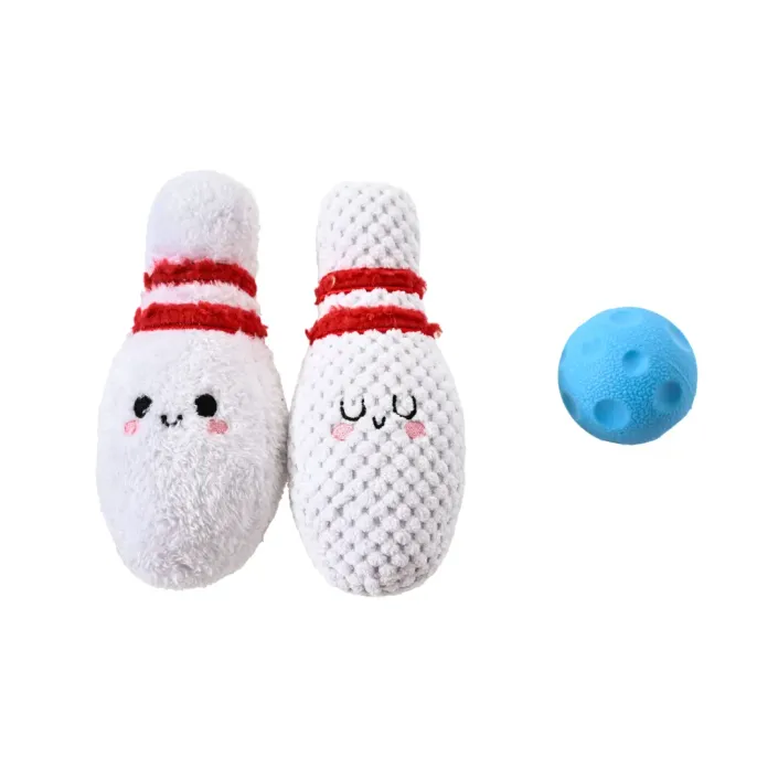 3PCS dog toy set on white background with two plush bowling pins and blue TPR ball