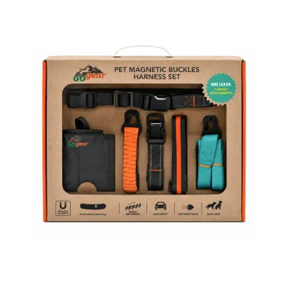 Boxed pet magnetic buckle dog harness set with leash, pouch, shock-absorbing attachment, car safety clip, LED night walk strap and dual dog walking option.