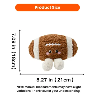 American football plush dog toy size chart showing 8.27 inches length and 7.09 inches height