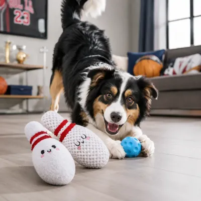Sports themed plush dog toys collection including soccer, baseball, football, bowling, and rope toys
