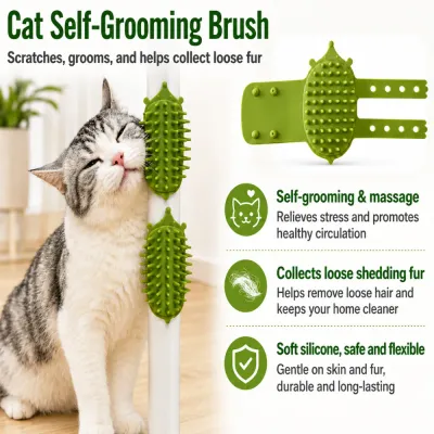 Cat using a green silicone self grooming brush with features for massage, loose fur collection, and gentle grooming