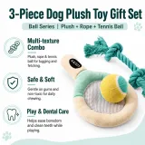 Wholesale 3-piece dog plush toy gift set with plush racket, rope toy and tennis ball for tugging, fetch and dental care