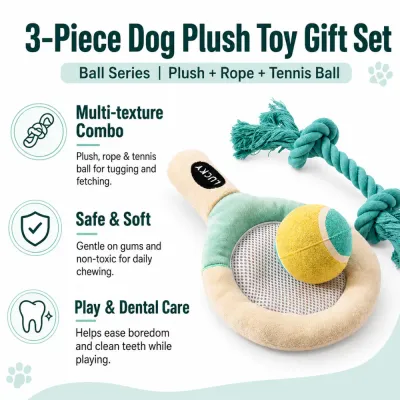 Wholesale 3-piece dog plush toy gift set with plush racket, rope toy and tennis ball for tugging, fetch and dental care